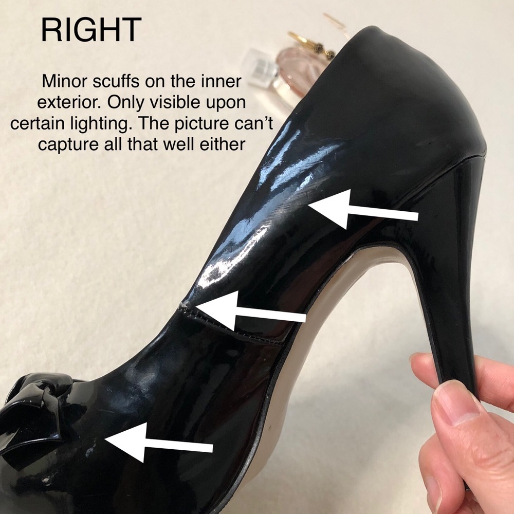 Zara Black Peep Toe Stiletto Heels Bow Detail Faux Vegan Patent Leather Shoes - Picture 13 of 16